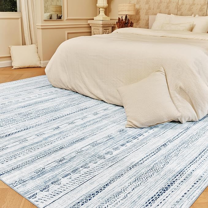 5x7 Area Rugs for Living Room Machine Washable Rug Distressed Indoor Carpet Neutral Moroccan Boho Rug Ultra Soft Area Rug for Bedroom Dining Room Playroom Office, Blue