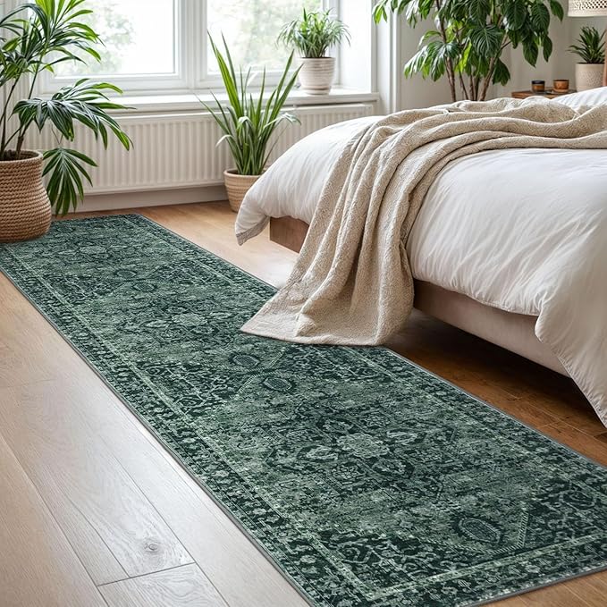 KOZYFLY Runners for Hallways 2x8 Ft Washable Kitchen Runner Rug Boho Entry Rug for Hallways Indoor Printed Faux Wool Long Floor Carpet for Entryway Bedroom Kitchen Hallway, Dark Green