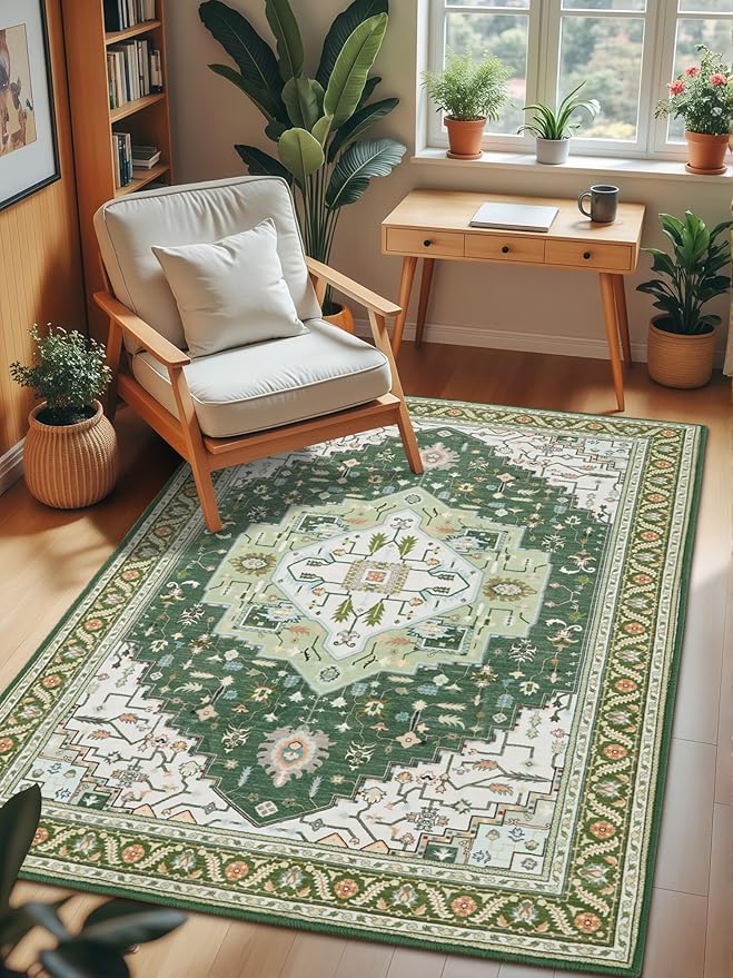 3x5 Green White Area Rug for Living Room, Machine Washable Rugs with Non-Slip Backing for Bedroom, Vintage Medallion Carpet Kitchen Laundry Kids Room Decor