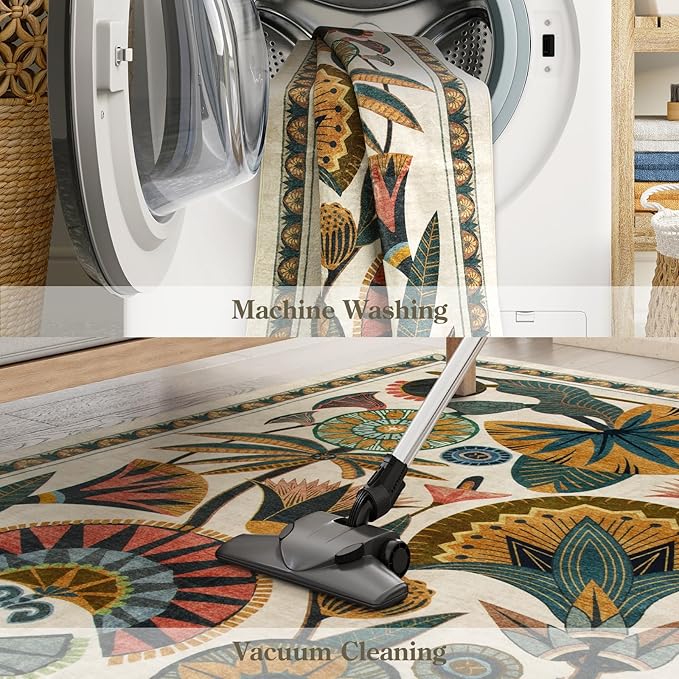 Egypt Floral Washable Bathroom Runner Rug for Kitchen Floor,2x8 Boho Rug Runners for Hallways Entryway,Vintage Non Slip Soft Throw Carpet for Laundry Room Entrance (Beige,2'6''x8')