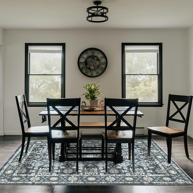 Washable 9×12 Area Rug for Living Room, Vintage Floral Rug Soft Non Slip Stain Resistant Boho Carpet for Indoor Bedroom Dinning Room Home Office Blue/Navy