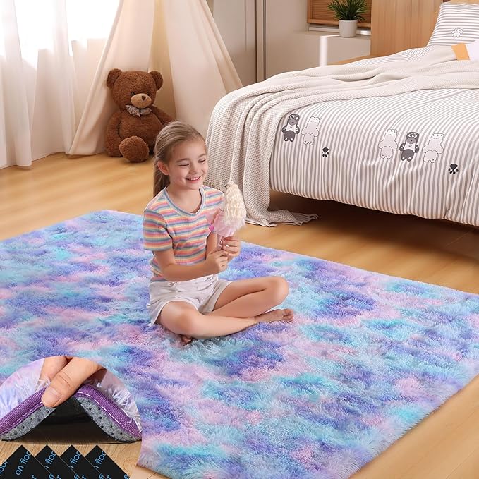 4x6 Rugs for Bedroom, Fluffy Small Area Rugs for Living Room, Soft Shag Fuzzy Carpet with 4 Non-Slip Stickers for Kids Boys and Girls Nursery Dorm Room Home Decor (Rainbow, 4ft x 6ft)