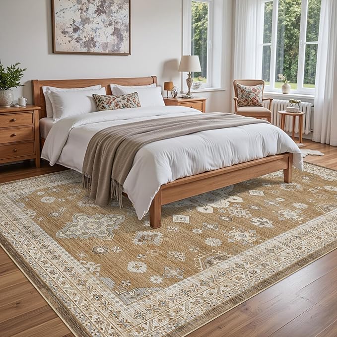 DEXI 4x6 Area Rug for Living Room, Washable Vintage Farmhouse Thin Rug Indoor Floor, Non Slip Stain Resistant Low Pile Carpet for Dining Room Bedroom Office, Light Brown