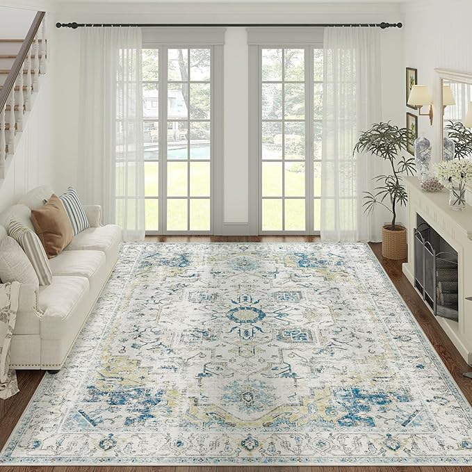 jinchan Area Rug 8x10 Washable Living Room Rug Vintage Indoor Large Floor Cover Distressed Lightweight Non-Slip Low Pile Thin Mat Stain Resistant Carpet for Bedroom Dining Room Office Light Blue