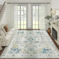 jinchan Area Rug 8x10 Washable Living Room Rug Vintage Indoor Large Floor Cover Distressed Lightweight Non-Slip Low Pile Thin Mat Stain Resistant Carpet for Bedroom Dining Room Office Light Blue