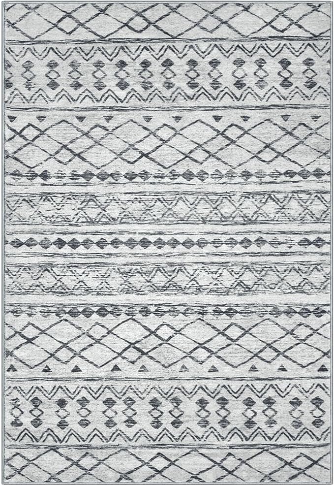 KUTA Boho 6x9 Area Rugs, Moroccan Washable Kitchen Entry Rug Non Slip, Grey Ultra Soft Print Distressed Geometric Low-Pile Throw Carpet for Bedroom Nursery Dorm Decor