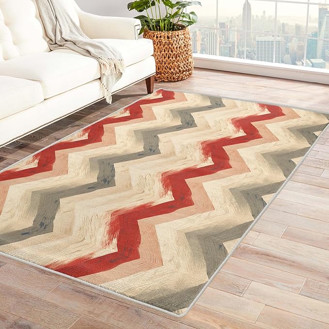 Chevron Pattern Rug, 5x7 Rug, Farmhouse Stripes Rugs for Entryway, Stripes Large Area Rug, Washable Rug Non Slip Soft Indoor Carpet, Kids and Pets Friendly, Chevron Pattern Home & Room Decor