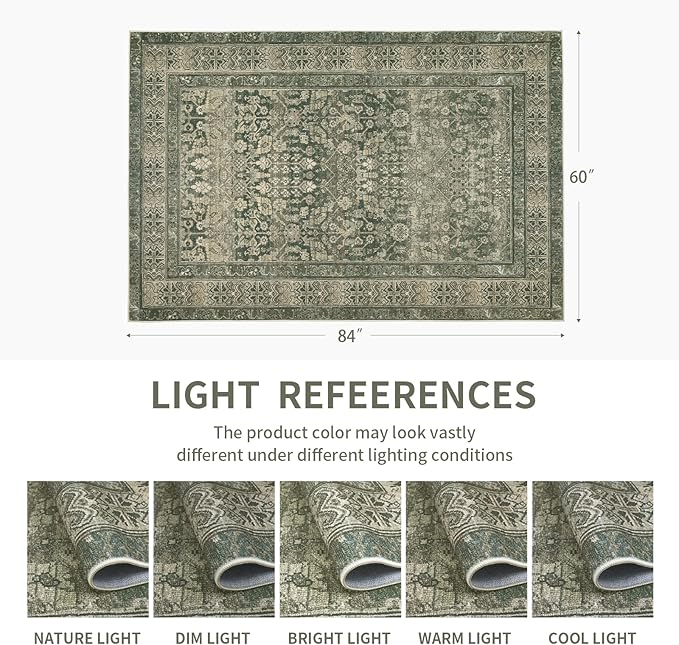 Vintage Washable Area Rug for Living Room,Low Pile 8x10 Non Slip Carpet Non-Shedding Area Rug Soft Indoor Stain Resistant Rug Floral Print Mat for Bedroom Dining Room Green