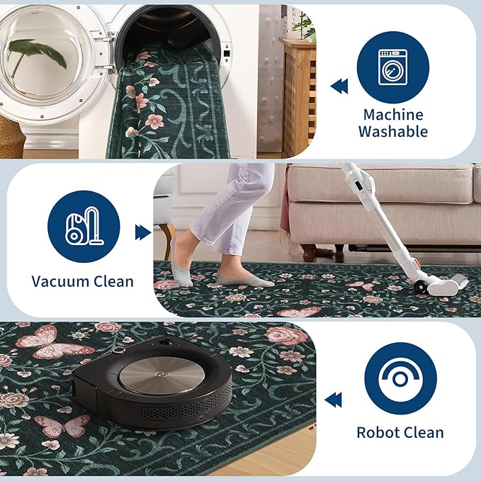 GarveeHome Washable Floral Area Rug 5x7 for Living Room Non Slip Bedroom Rug Soft Stain Resistant Large Dining Room Throw Carpet Low Pile Black Bow Rugs Butterfly Flower Carpet for Nursery Entry, 5x7