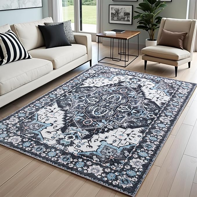 Area Rug for Living Room, 9x12 Machine Washable Non Slip Large Faux Wool Throw Rug, 0.3″ Low Pile & Non-Shedding Boho Large Carpet Rugs for for Dining Room, Bedroom, Office (Black)