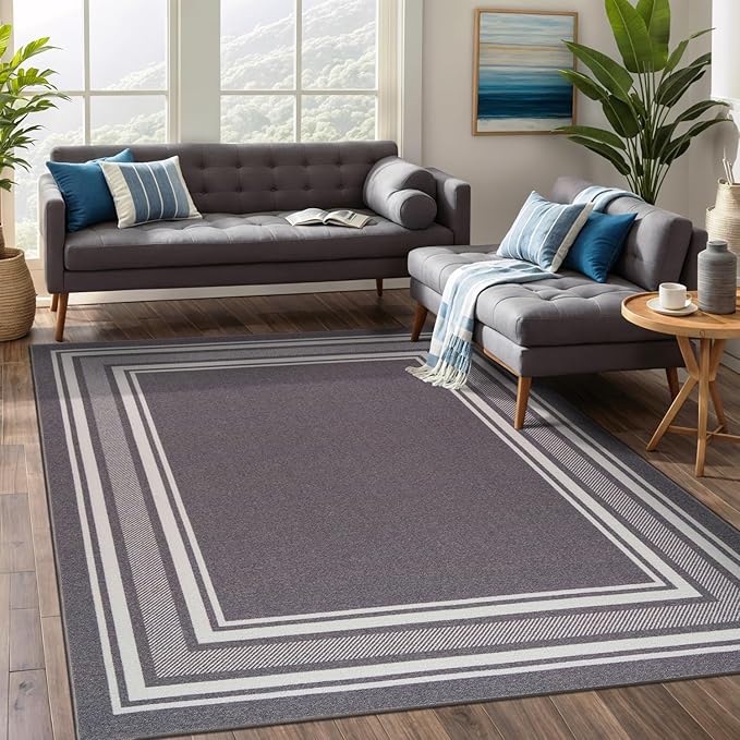 Beverly Rug Non Slip Area Rugs 8x10 Modern Bordered Non Skid Rubber Backing Soft Area Rug for Living Dining Room Easy to Clean Non Shedding Kitchen Bedroom Indoor Carpet 8 x 10 Gray