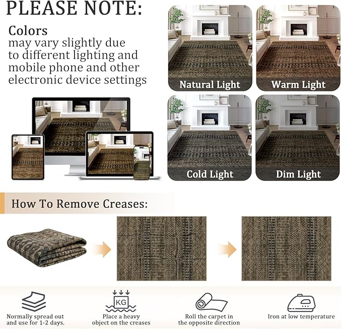 2x8 Machine Washable Runner Rug, Kitchen Hallway Area Rug, Brown Black Vintage Moroccan Rug Ultra Non-Slip Low Pile Soft Faux Wool Carpet, Kids and Pets Friendly for Bedroom Entryway Bedside Decor Rug