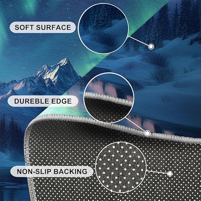 5x6 Snowy Mountains Rugs for Office - Aurora Borealis Living Room Carpet, Polar Landscape Bedroom Area Rug Kids Low Pile Rug for Indoor Outdoor Hardwood Floors Home Decor