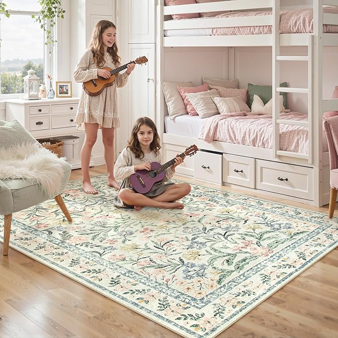Lahome Boho Beige Rugs for Living Room 6x9, Washable Kids Rugs for Bedroom Girls, Farmhouse Soft Baby Carpet for Nursery, Non-Slip Carpet for Dining Room Playroom, Beige