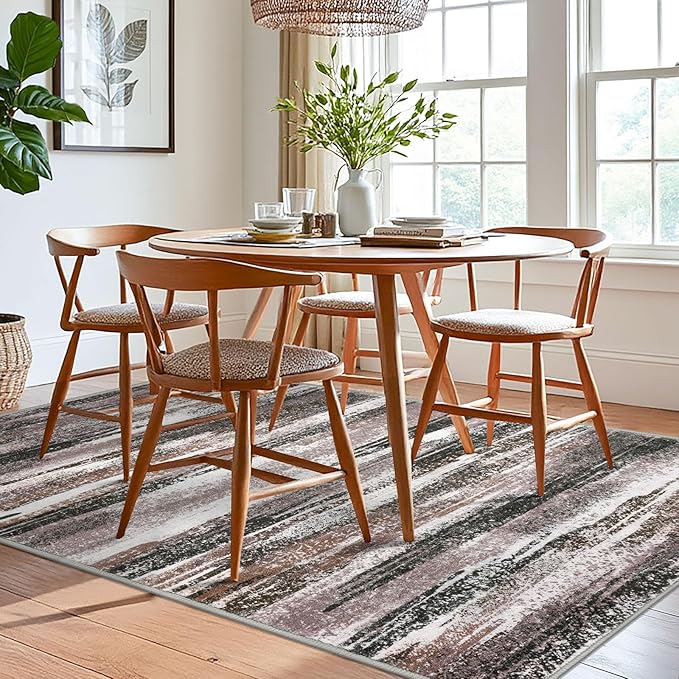 Modern Abstract 6x9 Machine Washable Living Room Rug Non-Slip Soft Bedroom Area Rug Dark Light Brown White Ultra Thin Print Faux Wool Floor Carpet Throw Rugs for Dining Room Indoor Office