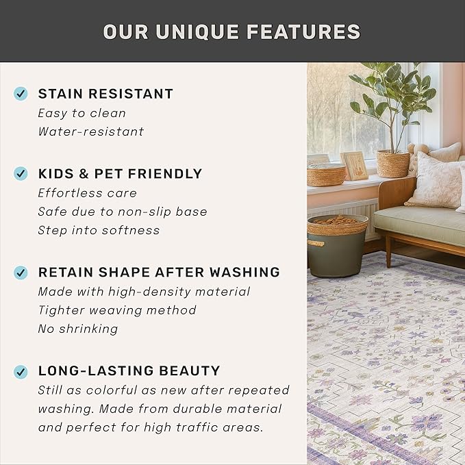 Purple Rugs for Girls Bedroom, Non Slip Machine Washable 4x6 Floral Area Rug for Nursery Kids Room, Living Room, Low Pile Lavender Girly Dorm Pastel Décor