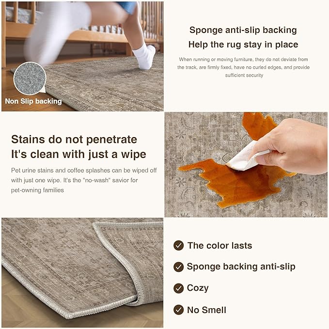 HUGEAR Washable 2x3 Entryway Area Rugs Retro Brown Small Vintage Distressed Non Slip Stain Resistant Low Pile Neutral Throw Carpet for Bedside Kitchen Entryway Home Decor