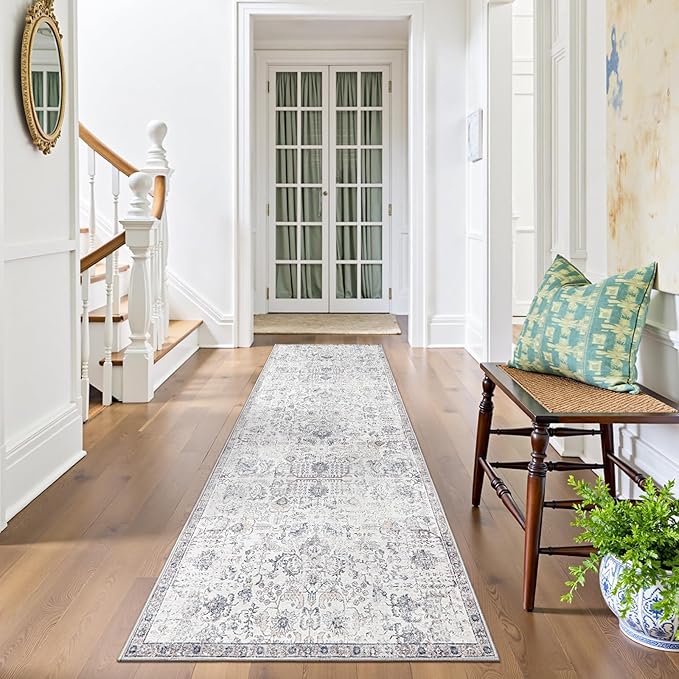 jinchan Kalen Runner Rug 2x10 Washable Hallway Rug Vintage Indoor Thin Retro Floor Cover Distressed Gray Floral Country Lightweight Non Slip Carpet for Entryway Bathroom Bedroom Living Room Grey