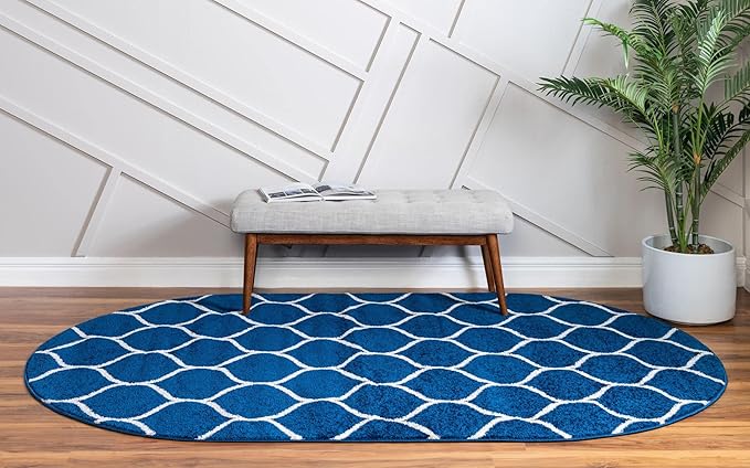 Rugs.com Lattice Frieze Collection Rug – 5' x 8' Oval Navy Blue Medium Rug Perfect for Living Rooms, Large Dining Rooms, Open Floorplans