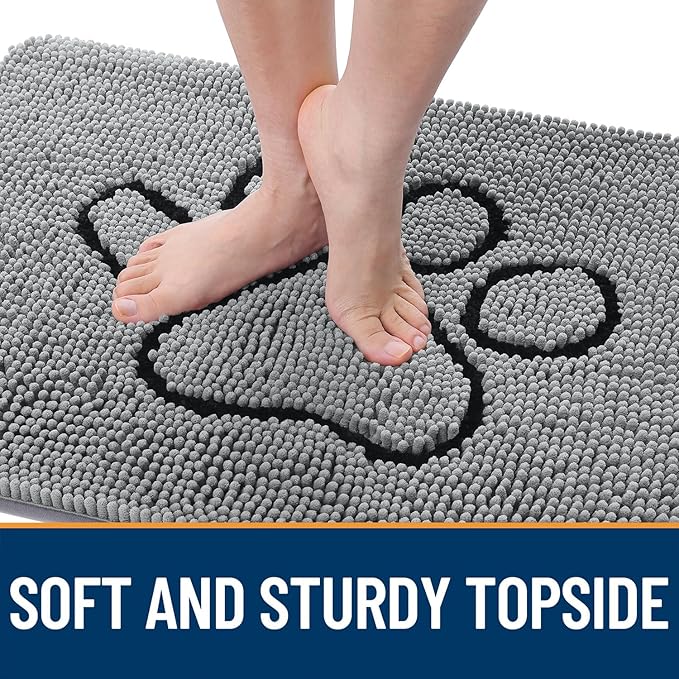 OLANLY Dog Door Mat for Muddy Paws 70x24, Paw Print Design, Absorbs Moisture and Dirt, Absorbent Non-Slip Washable Doormat, Quick Dry Chenille Mud Mat for Dogs, Entry Indoor Entryway Carpet, Grey