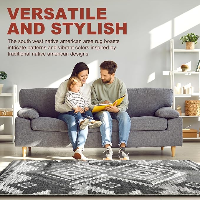 YHSF South West Native American Rug Ritz – Native Tribal American Indian Inspired Rug - Living Room, Bedroom, Hallway, Entryway & High-Traffic Area Rugs - Washable - Soft - Dark Grey, 2 Feet x 3 Feet