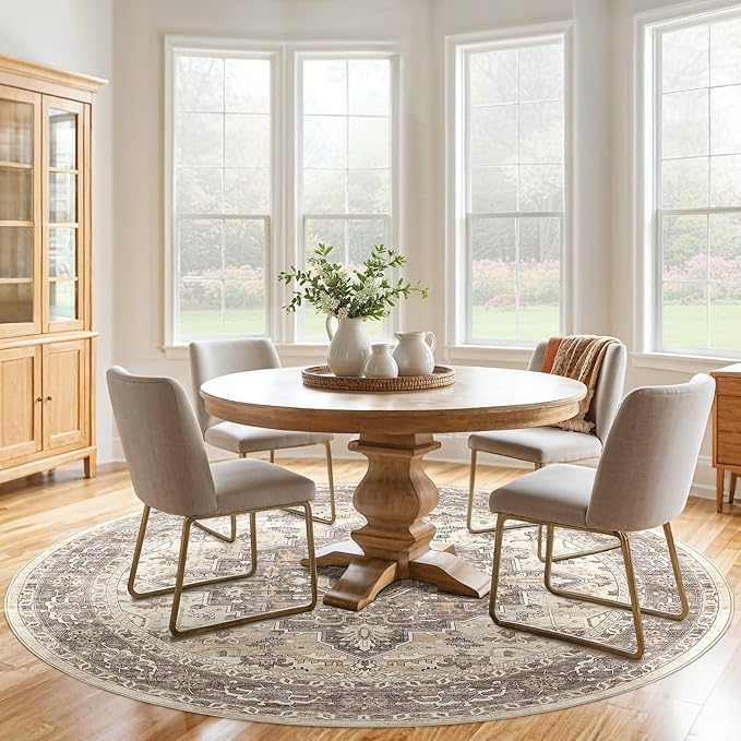 Round Rug Living Room Rugs: 6Ft Washable Boho Neutral Large Circle Soft Indoor Floral Stain Resistant Floor Farmhouse Carpet for Bedroom Nursery Kids Playroom Office Dining Room Dorm Home- Beige Brown