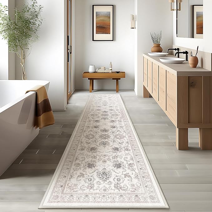 Phantoscope Washable Runner Rug 2'x10' Non-Slip, Vintage Neutral Hallway Rugs for Entryway, Stair, Bedroom, Distressed Boho Floral Medallion Pattern, Low-Pile Foldable Carpet, Cream Beige/Neutral