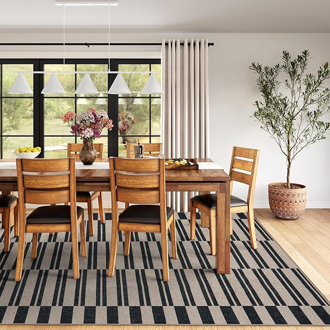 Lahome Striped Easy Jute Carpet, 8x10 Living Room Rugs Indoor Outdoor Patio Dining Room Rug, Farmhouse Non Slip Non Shedding Non Shedding Black Carpet for Deck Backyard Mudroom