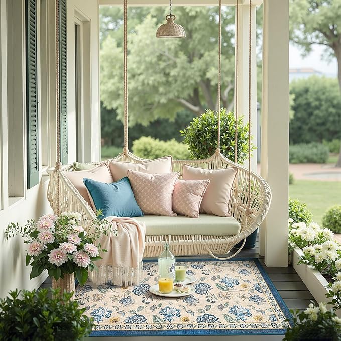 jinchan Elora 3x5 Floral Rug for Entryway Washable Rug Vintage Romance Design Small Mat Non Slip Indoor Doormat Lightweight Low-Profile Throw Carpet for Entrance Bathroom Laundry Room, Blue/Beige