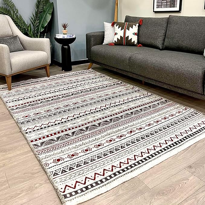 Alfa Rich 4x6 Red Burgundy White Gray Washable Area Rugs for Living Room Bedroom Kitchen Cotton Rug
