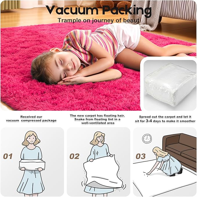 4x6 Rugs for Bedroom, Fluffy Small Area Rugs for Living Room, Soft Shag Fuzzy Carpet with 4 Non-Slip Stickers for Kids Boys and Girls Nursery Dorm Room Home Decor (Hot Pink, 4ft x 6ft)