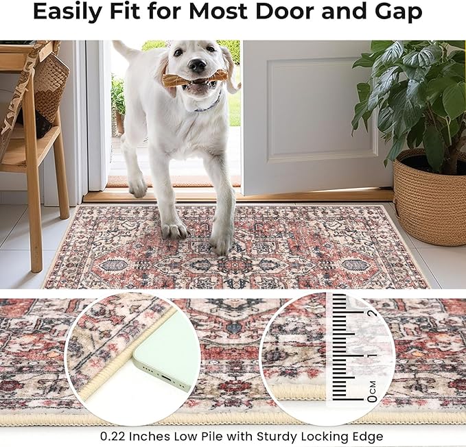 KOZYFLY Boho Area Rug 6x9 Ft Thin Washable Rugs for Bedroom and Living Room Faux Wool Printed Throw Carpet Non Slip Rug for Entryway Kitchen Dining Room, Terracotta/Beige