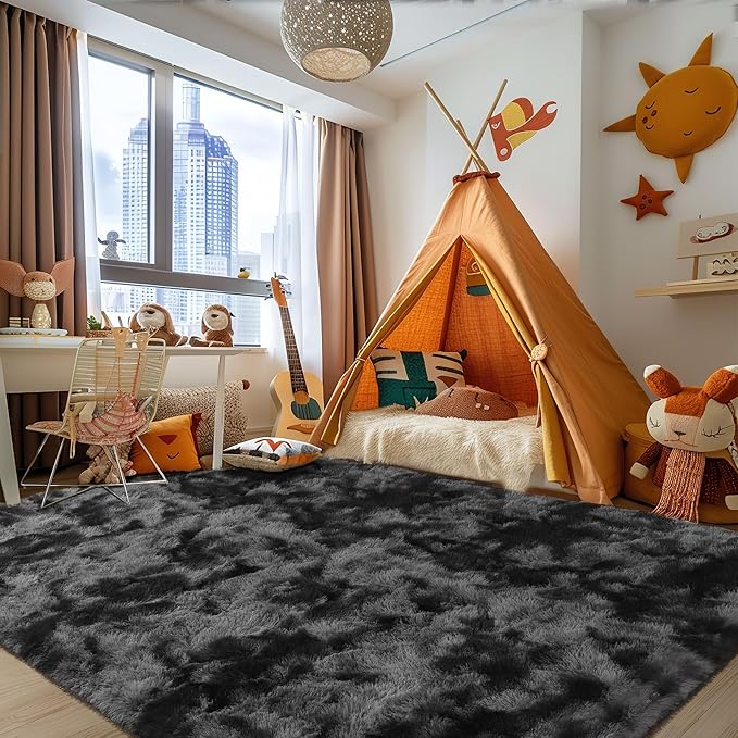 Zentavio Black and Grey Area Rugs for Living Room Large Men Room Carpet 5x8 Bedroom Fluffy Furry Shag Aesthetic Plush High Pile Floor Rug for Kids Room Dorm Home Decor Gray
