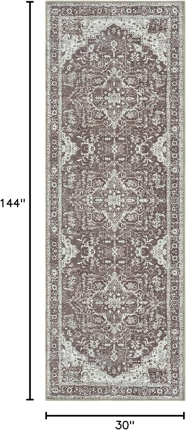 Bloom Rugs Washable Non-Slip 12 ft Runner - Dark Brown Traditional Medallion Runner for Entryway, Hallway, Bathroom, and Kitchen - Exact Size: 2.5' x 12'