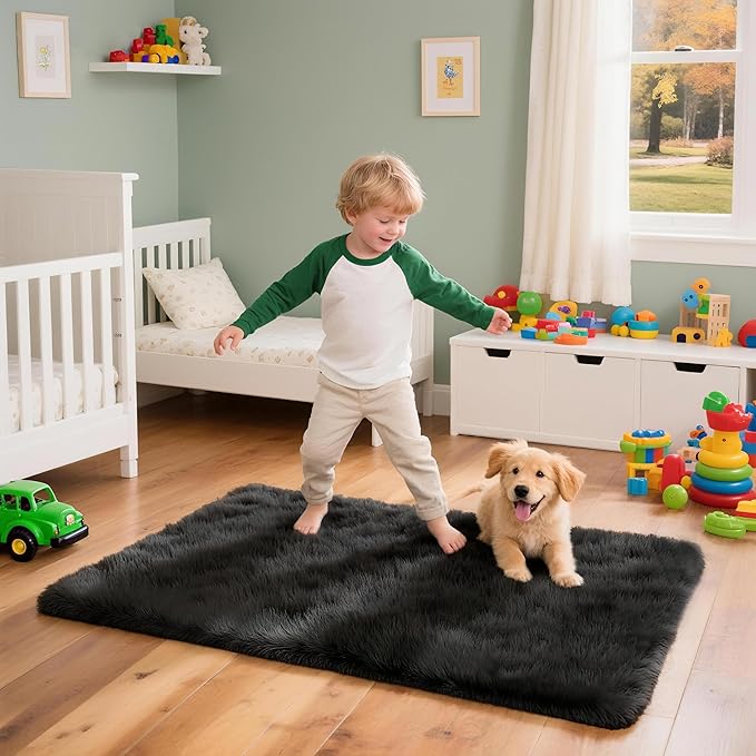 2x3 Solid Fluffy Black Area Rug – Washable, Durable, Small Bedroom Rug, Non-Slip High Pile Shag Rugs for Living Room, Bedroom, Bedside, Dorms,Grils Rooms, Kids Room, Soft Indoor Floor Carpet