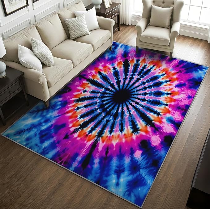 Tie Dye Rugs for Bedroom - 7x10 ft, Mandala Hippie Rug, Colorful Psychedelic Area Rugs For Living Room Bedroom, Blue and Pink Abstract Washable Rug Non-Slip Carpet, Multicolor Tie Dye Home Decor