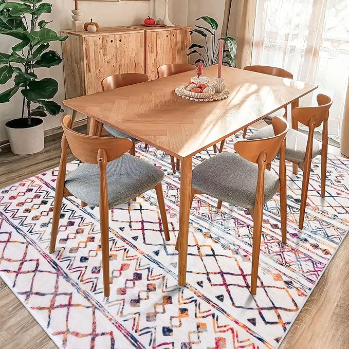 KUTA Boho Living Room Rug 8x10, Moroccan Multi-Color Washable Area Rugs Non Slip, Ultra Soft Print Distressed Geometric Low-Pile Throw Carpet for Bedroom Nursery Dorm Decor