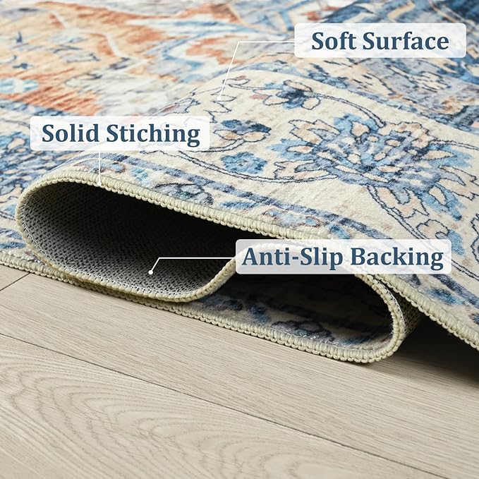 Area Rugs 5x7, Low Pile Washable Rugs, Soft Vintage Distressed Rugs for Bedroom, Living Room, Dining Room, Water Repellent, Non Shedding, Blue and Orange
