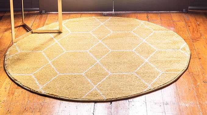 Unique Loom Trellis Frieze Collection Area Rug - Geometric (5' 1" Round Yellow/Ivory)