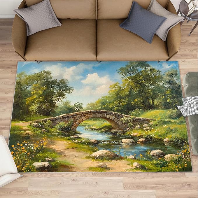 Forest Rugs for Bedroom - 3x5 Area Rug - Stone Bridge Stream Rugs for Living Room, Retro Country Style Rug, Non-Slip Washable Home Decor Carpet