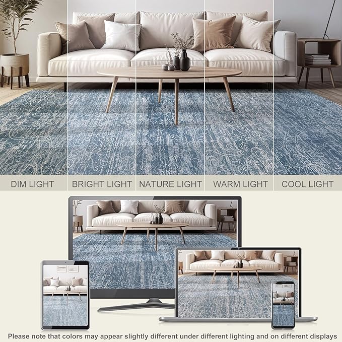 Area Rug Living Room Rugs - 10x14 Abstract Large Soft Indoor Washable Rug Neutral Modern Low Pile Carpet for Bedroom Dining Room Farmhouse Home Office - Dark Blue