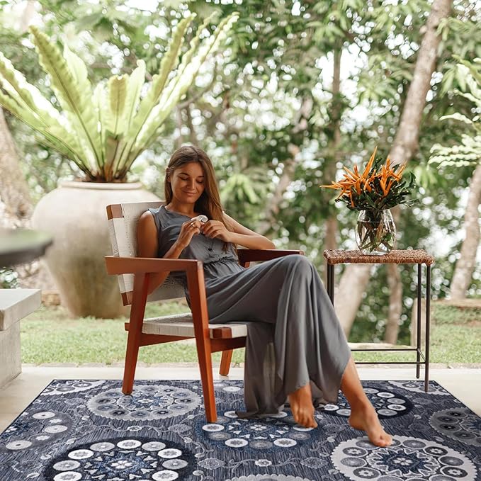 CAMILSON Indoor Outdoor Rug 8x10 Bohemian Medallion Floral Area Rugs for Indoor and Outdoor Patios Easy-Cleaning Non-Shedding Living Room Garden and Kitchen Washable Outside Carpet (8 x 10 / Navy)