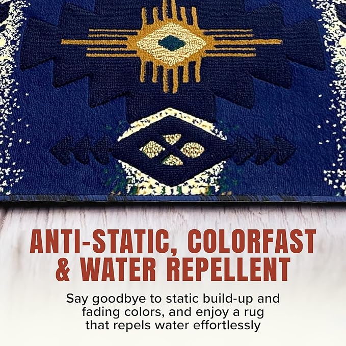 YHSF South West Native American Area Rug C318 - Easy Clean, Thick, Soft, Durable Native Tribal American Indian Inspired Rug for Bedroom/Living Room and More - Navy Blue, 2 Feet x 7 Feet