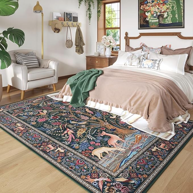 Rugcomf Area Rugs 9x12 Living Room Vibrant Tree of Life-Patterned Vintage Washable Rug Non Slip Low Pile Large Rug for Bedroom Farmhouse Dining Room Kids Playroom, Green