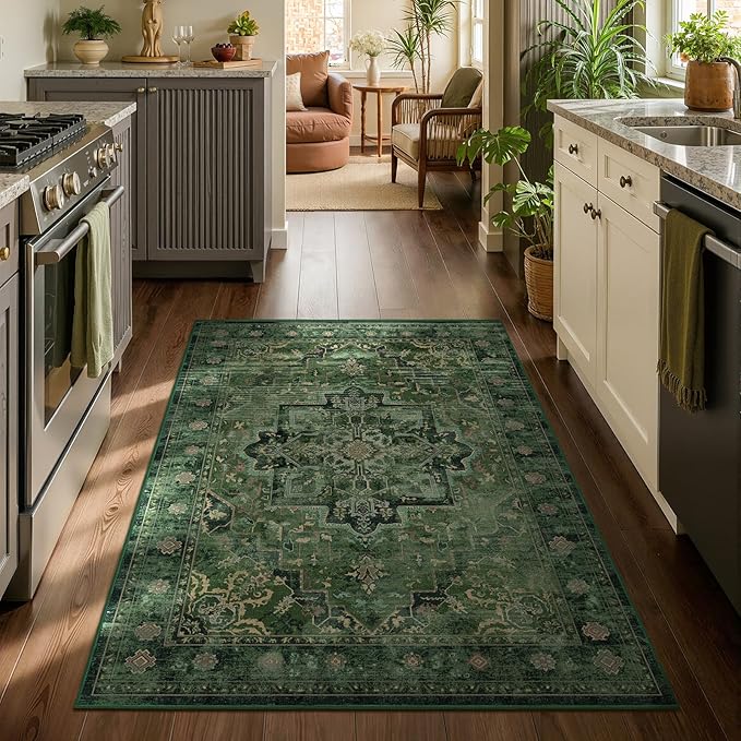 Dark Green Vintage Entryway Rug 3x5, Tranditional Medallion Distressed Throw Rug for Bedroom Bedside, Washable Non Slip Low Pile Small Area Rug for Living Room/Kitchen/Bathroom/Dorm/Closet