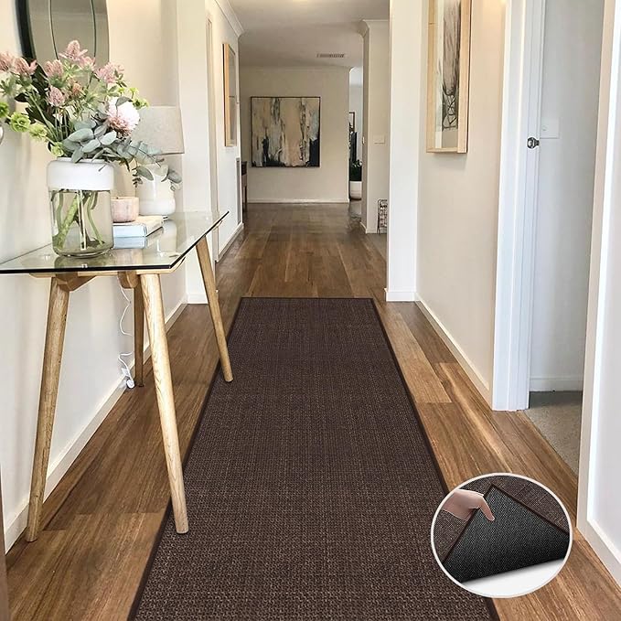 GOYLSER 12ft Jute Laundry Room Rug Non Slip, Rubber Backed Kitchen Rug Floor Runner Rug, Natural Long Carpet Runners for Hallway, Deep Brown