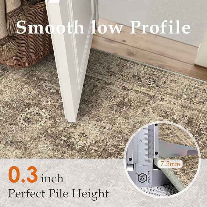 2x5 Washable Runner Rug for Kitchen Hallway Brown Vintage Non-Slip Low Pile Distressed Rustic Carpet Lightweight Vacuumable Soft Throw Rug for Indoor Entryway Bedroom