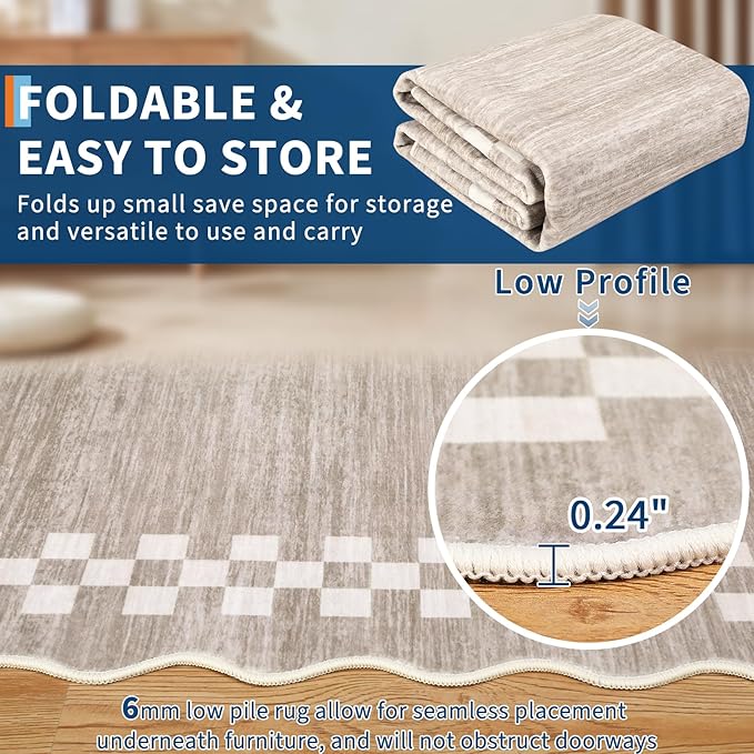 GarveeHome 8x10 Area Rug for Living Room Scalloped Washable Large Bedroom Rug Non Slip Stain Resistant Modern Border Dining Room Throw Carpet Scalloped Boho Rug for Home Decor Office Nursery, Fog