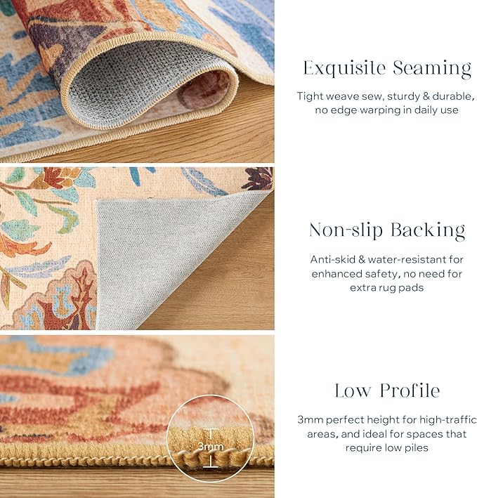 Phantoscope Washable Area Rug 6'x9' Non-Slip, Vintage Boho Rugs for Living Room, Bedroom, Dining Room, Fall Orange Floral Medallion Pattern, Low-Pile Foldable Floor Carpet, Rust/Multi Floral