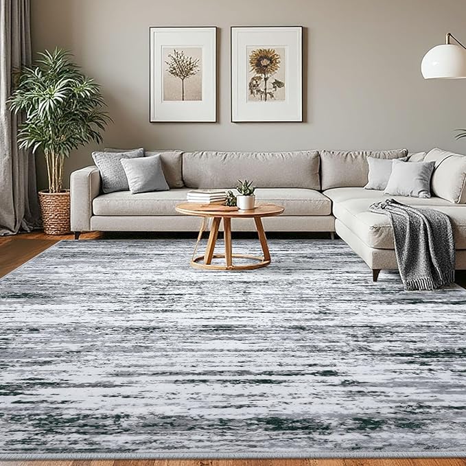 Modern Abstract 8x10 Large Machine Washable Living Room Rug Non-Slip Soft Bedroom Area Rug Black Gray White Ultra Thin Print Faux Wool Carpet Throw Rugs for Nursery Playroom Dining Room Indoor